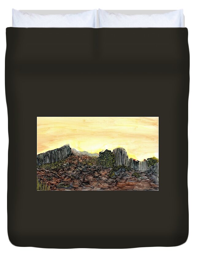 Rock Duvet Cover featuring the painting Between a rock and an arroyo by Angela Marinari