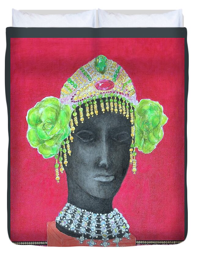 Headpiece Duvet Cover featuring the mixed media Between Shows by Jayne Somogy