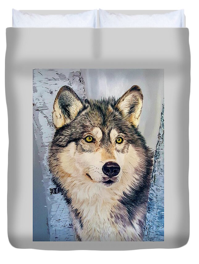 Wolf Duvet Cover featuring the drawing Between the Birches by Kelly Speros