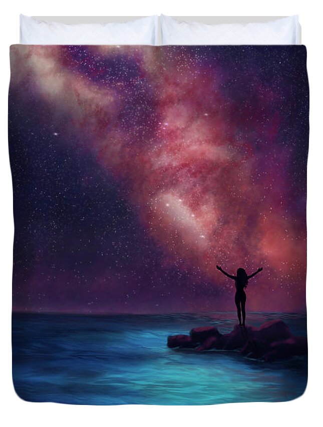 Galaxy Duvet Cover featuring the painting Between the Stars and the Sea by Rachel Emmett