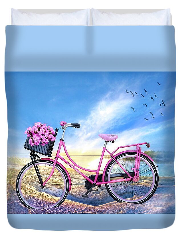 Bike Duvet Cover featuring the photograph Bicycle at the Lake Beach by Debra and Dave Vanderlaan