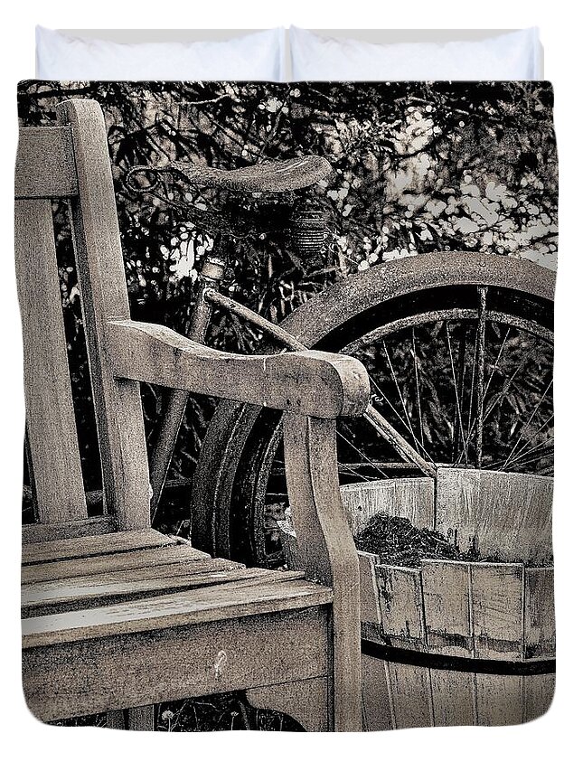 Bicycle Bench B&w Duvet Cover featuring the photograph Bicycle Bench4 by John Linnemeyer