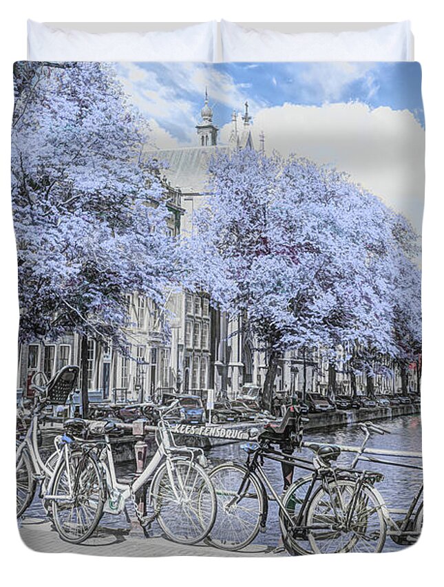 Amsterdam Duvet Cover featuring the photograph Bicycles Along the Canals in Blues and Black and White by Debra and Dave Vanderlaan