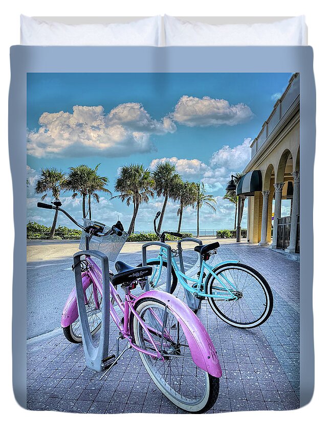 Coastal Duvet Cover featuring the photograph Bicycles at the Beach Casino by Debra and Dave Vanderlaan