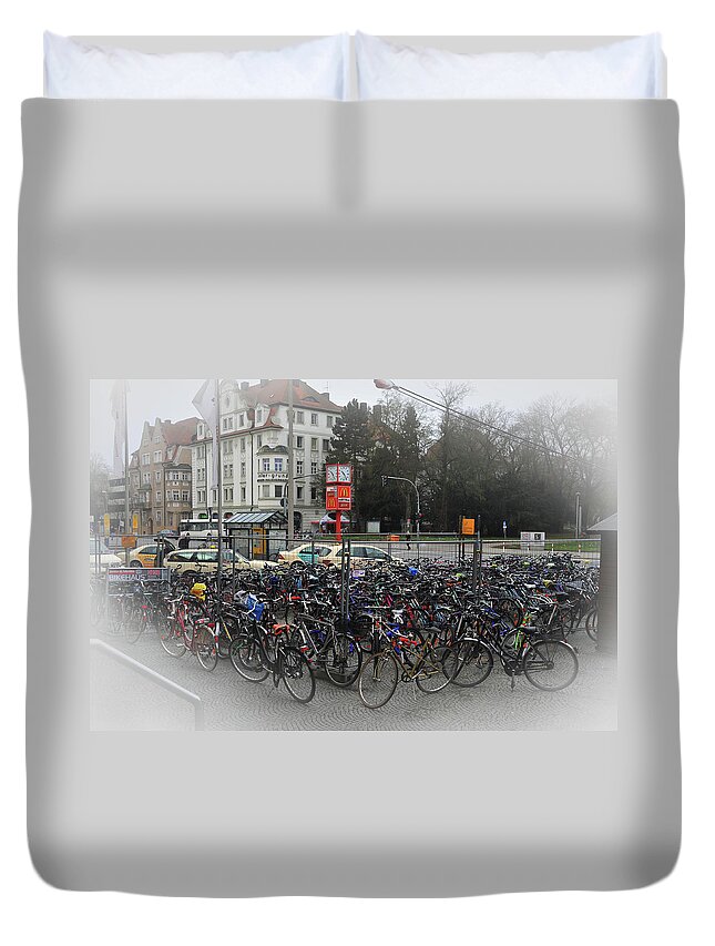 Bikes Duvet Cover featuring the photograph Bicycles at the Train Station by James C Richardson