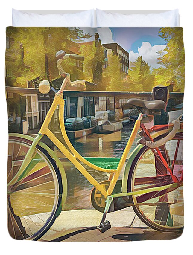 Boats Duvet Cover featuring the photograph Bicycles on the Canals Abstract Painting by Debra and Dave Vanderlaan