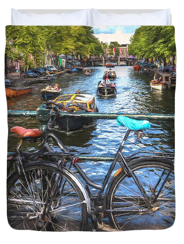 Boats Duvet Cover featuring the photograph Bicycles on the Canals II Painting by Debra and Dave Vanderlaan