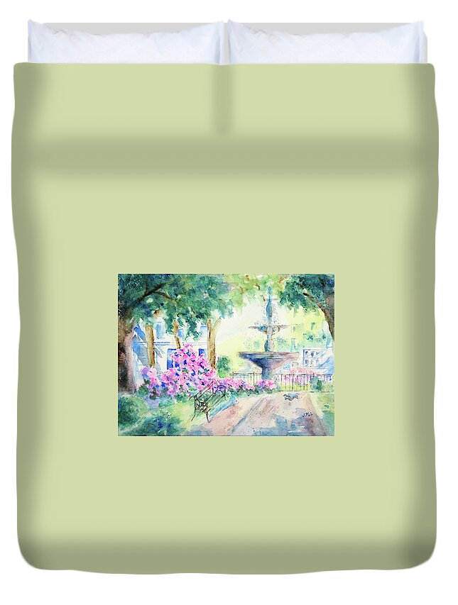 Landscape Duvet Cover featuring the painting Bienville Square by Jerry Fair