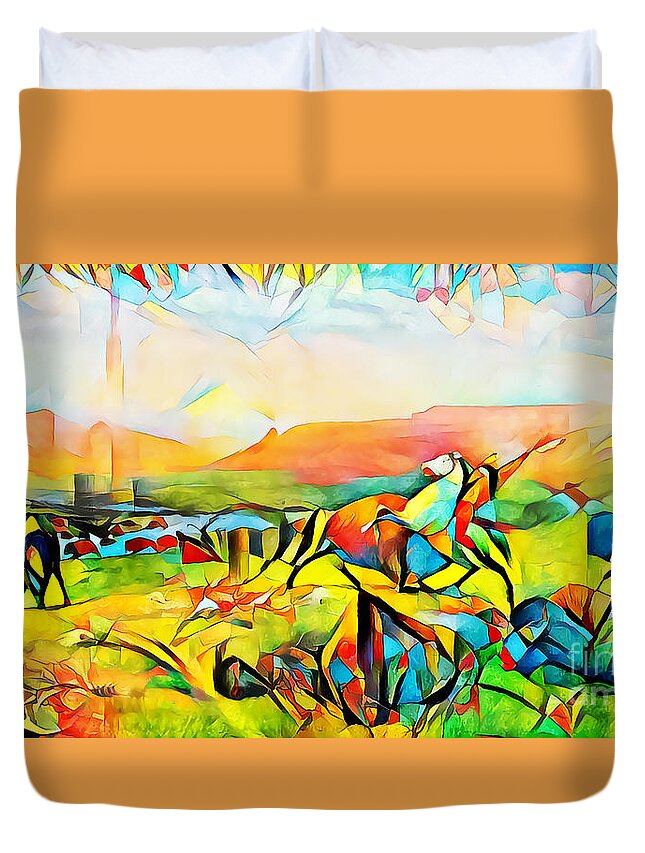 Wingsdomain Duvet Cover featuring the photograph Bierstadt Native Americans and Buffalos in Vibrant Abstract Colors 20200719 Long by Wingsdomain Art and Photography