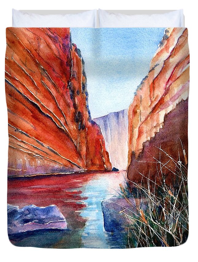 Texas Duvet Cover featuring the painting Big Bend Texas Santa Elena Canyon by Carlin Blahnik CarlinArtWatercolor