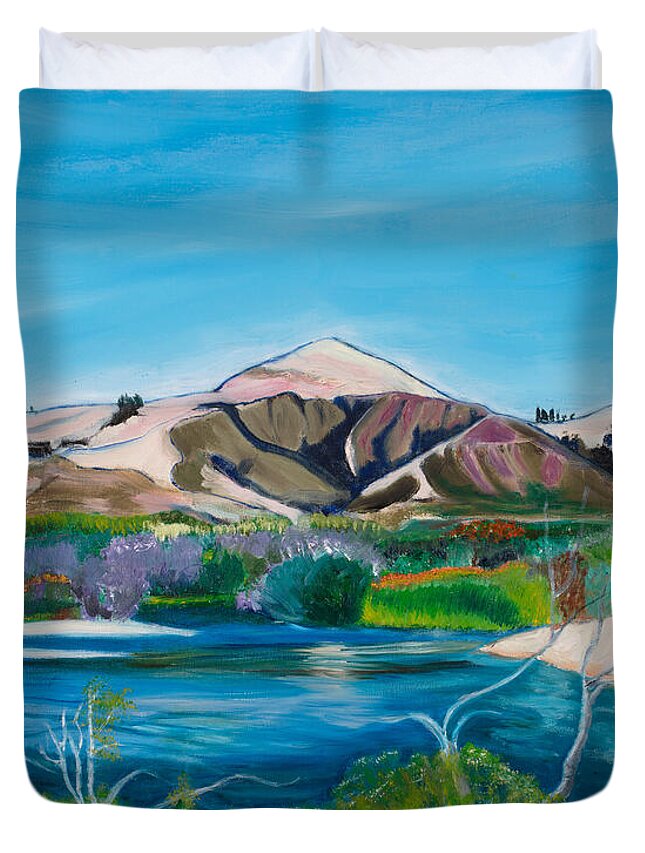 Big Sur River Mountains Water Beach Foliage Duvet Cover featuring the painting Big Sur River by Santana Star