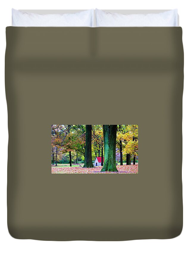 Landscape Duvet Cover featuring the photograph Big Trees Little House In Woods by Patrick Malon
