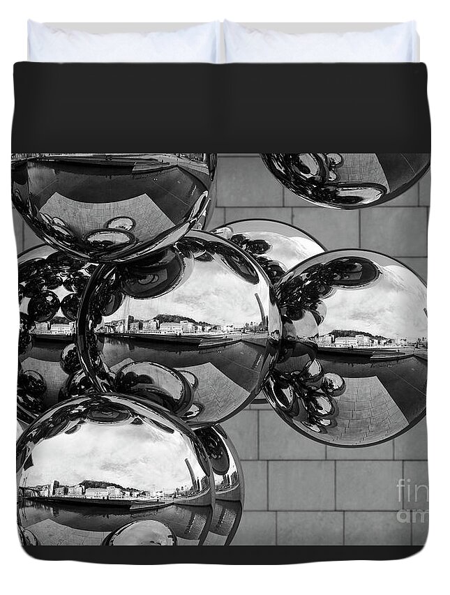 Abstract Duvet Cover featuring the photograph Bilbao Reflected in Shiny Balls Spain by James Brunker