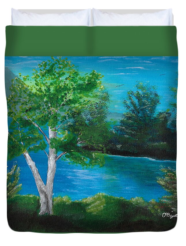 Lake Duvet Cover featuring the painting Birch on lake by David Bigelow