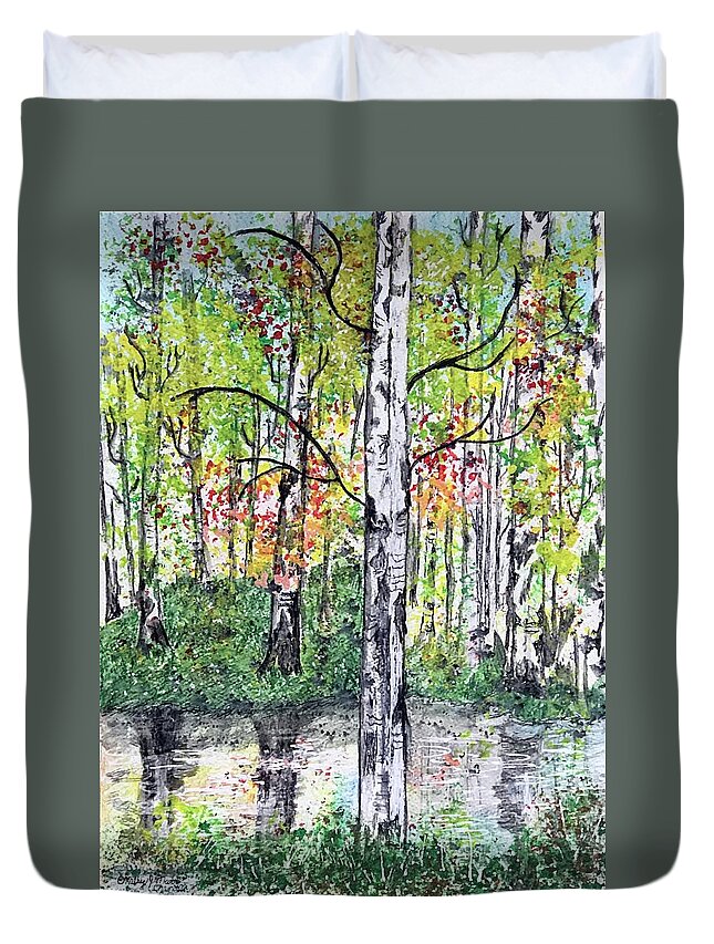 Birch Trees Duvet Cover featuring the painting Birch Trees in The Fall by Kathy Marrs Chandler