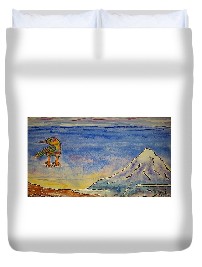 Watercolor Duvet Cover featuring the painting Bird and Mountain by John Klobucher