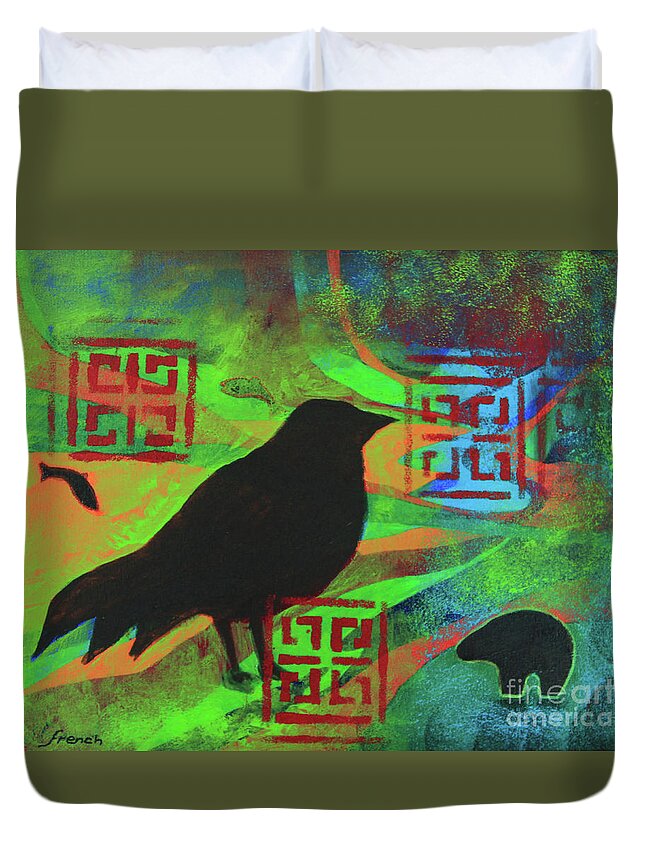  Tree Duvet Cover featuring the painting Bird of Mystery by Jeanette French