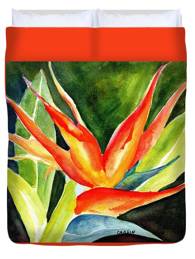 Flower Duvet Cover featuring the painting Bird of Paradise by Carlin Blahnik CarlinArtWatercolor