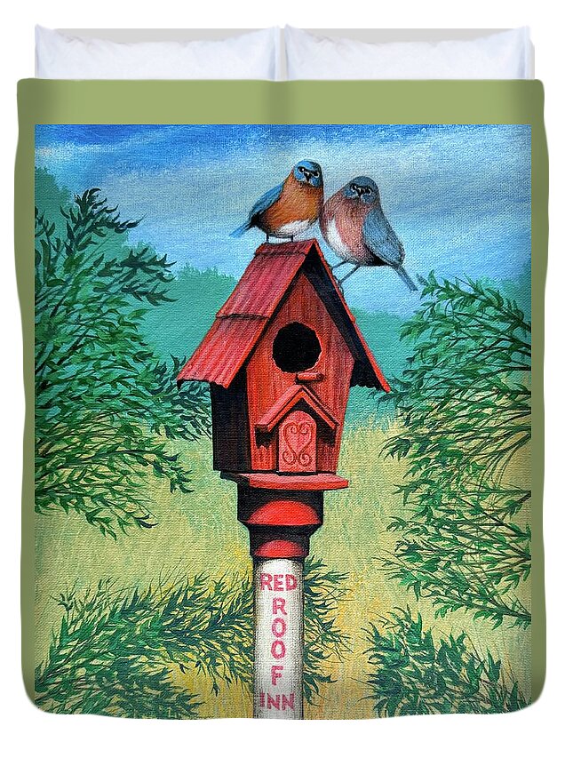 Landscape Duvet Cover featuring the painting Birdhouse With Two Bluebirds by George Lightfoot