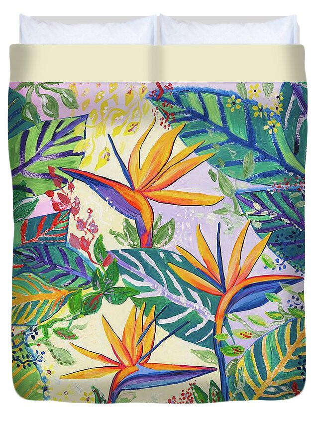 Flower Duvet Cover featuring the painting Birds of Paradise by Britt Miller