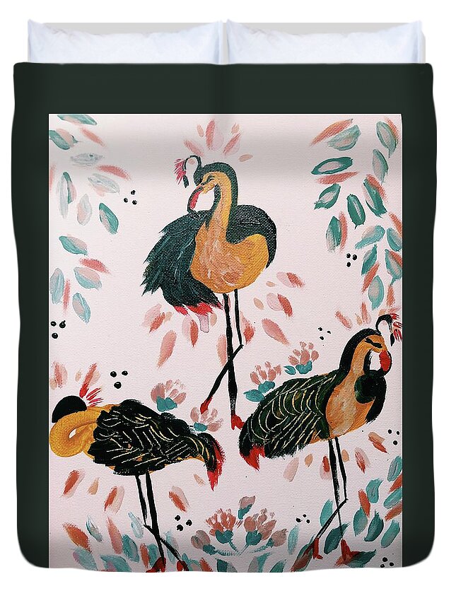 Fun Birds Floral Unique Funky Duvet Cover featuring the painting Birds that do not fly commercial by Meredith Palmer