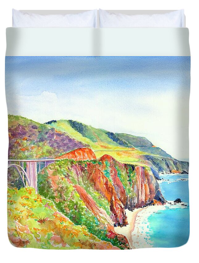 California Duvet Cover featuring the painting Bixby Bridge 2 Big Sur California Coast by Carlin Blahnik CarlinArtWatercolor