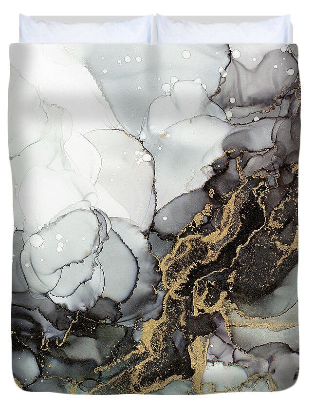 Marble Duvet Cover featuring the painting Black and Gold Marble Storm by Olga Shvartsur