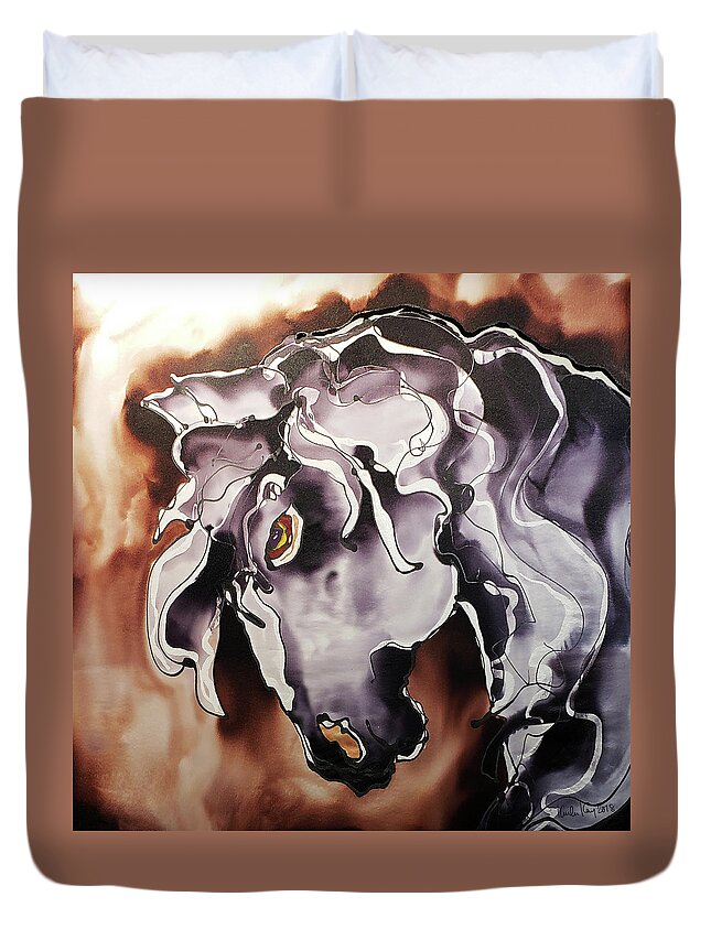 Hand Painted Silk Duvet Cover featuring the painting Black and white horse at dusk by Karla Kay Benjamin