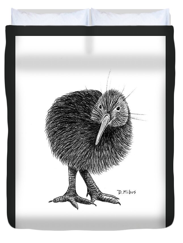 New Zealand Bird Duvet Cover featuring the drawing Black and White Kiwi Bird of New Zealand by Donna Mibus