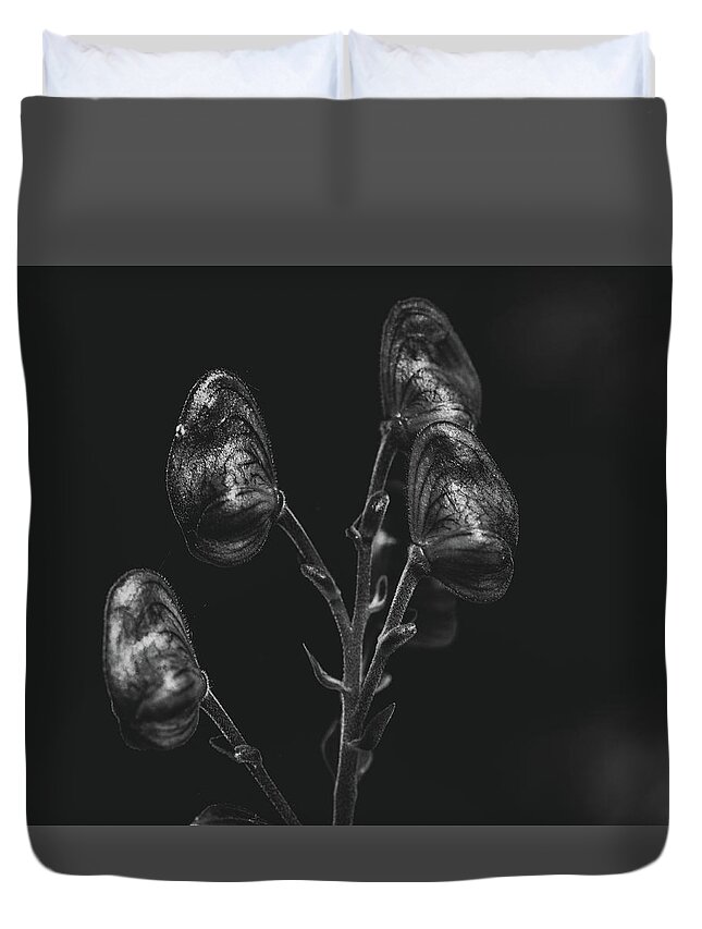 Flower Duvet Cover featuring the photograph Black and White Photography - Dark Floral by Amelia Pearn