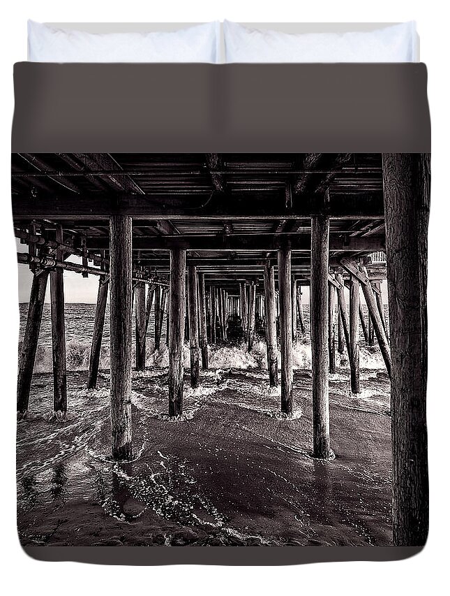 Best Maine Photos Duvet Cover featuring the photograph Black and White Under the Boardwalk - Old Orchard Beach in Maine by Mitchell R Grosky