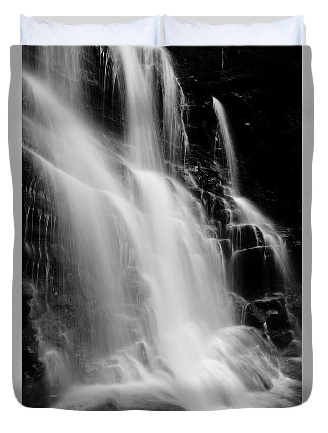 Cascade Waterfalls Duvet Cover featuring the photograph Black and White Waterfall by Crystal Wightman