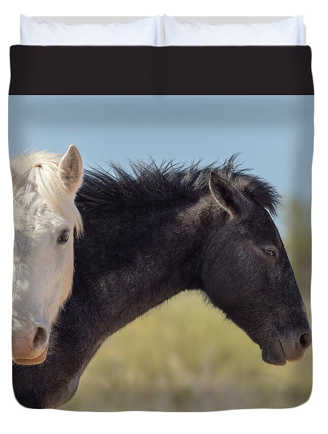 Wild Duvet Cover featuring the photograph Black and White Wild Mustangs by Sylvia Goldkranz