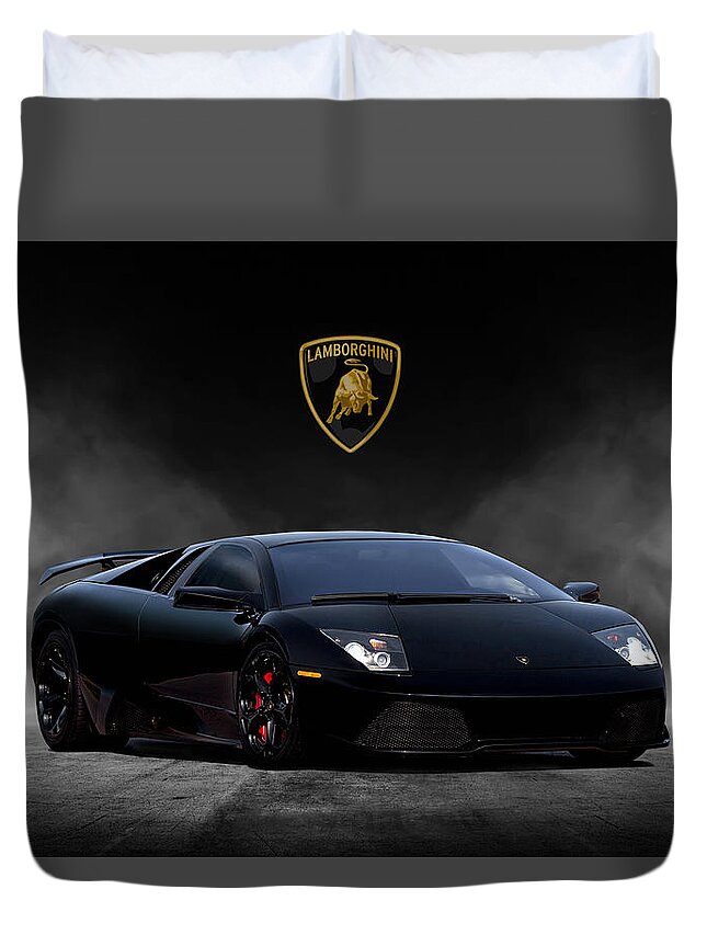 Lamborghini Duvet Cover featuring the digital art Black Bull by Peter Chilelli