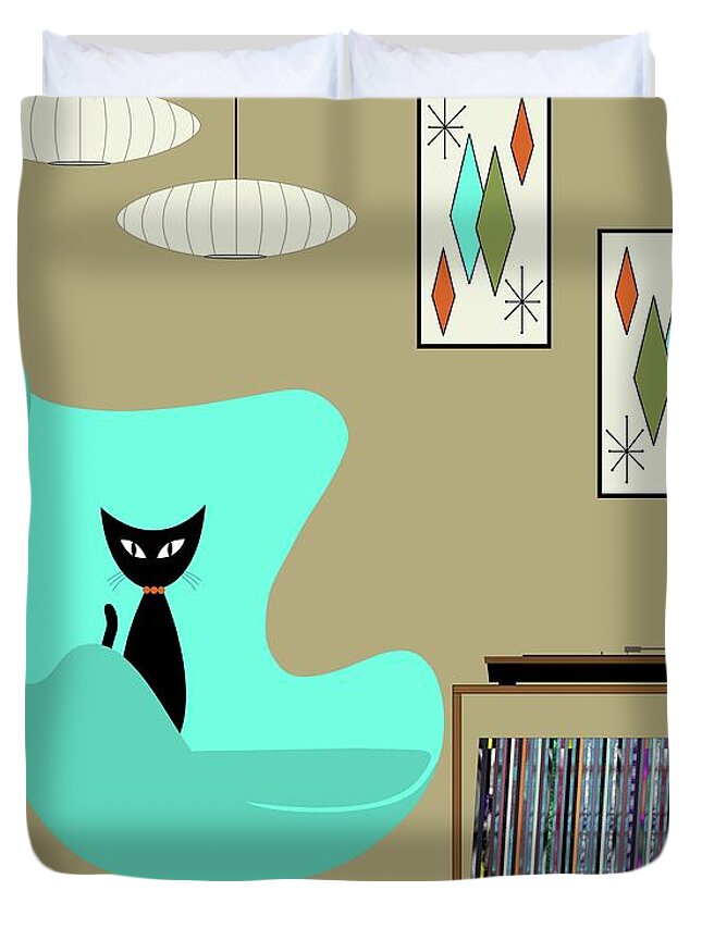 Mid Century Black Cat Duvet Cover featuring the digital art Black Cat in Record Player Room by Donna Mibus