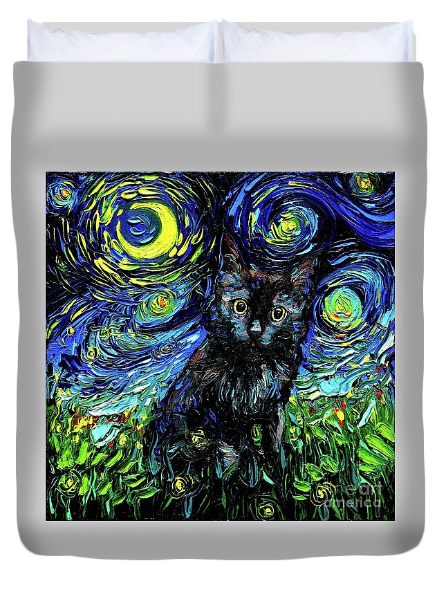 Black Cat Night 3 Duvet Cover featuring the painting Black Cat Night 3 by Aja Trier