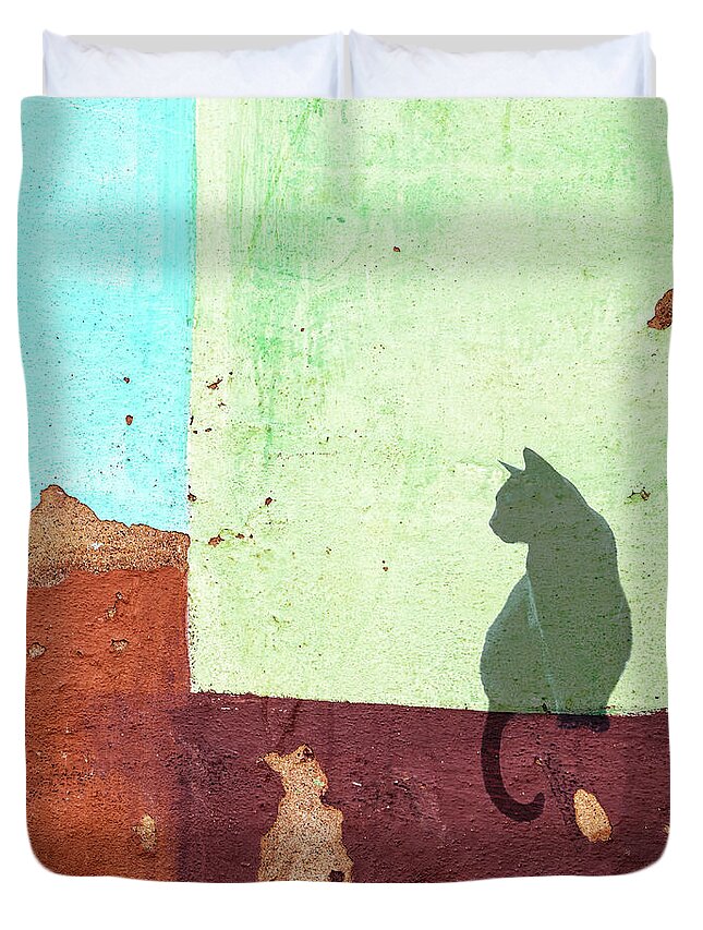 Black Duvet Cover featuring the photograph Black cat sitting on a wall by Delphimages Photo Creations