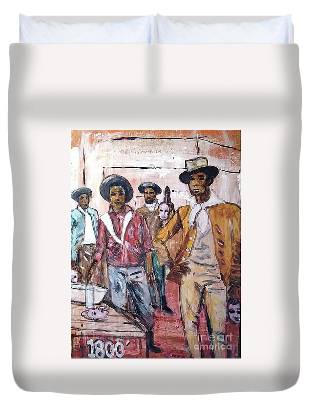 Black Cowboys Duvet Cover featuring the painting Black Cowboys the originals by Tyrone Hart