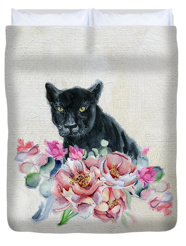 Black Panther Duvet Cover featuring the painting Black Panther With Flowers by Garden Of Delights
