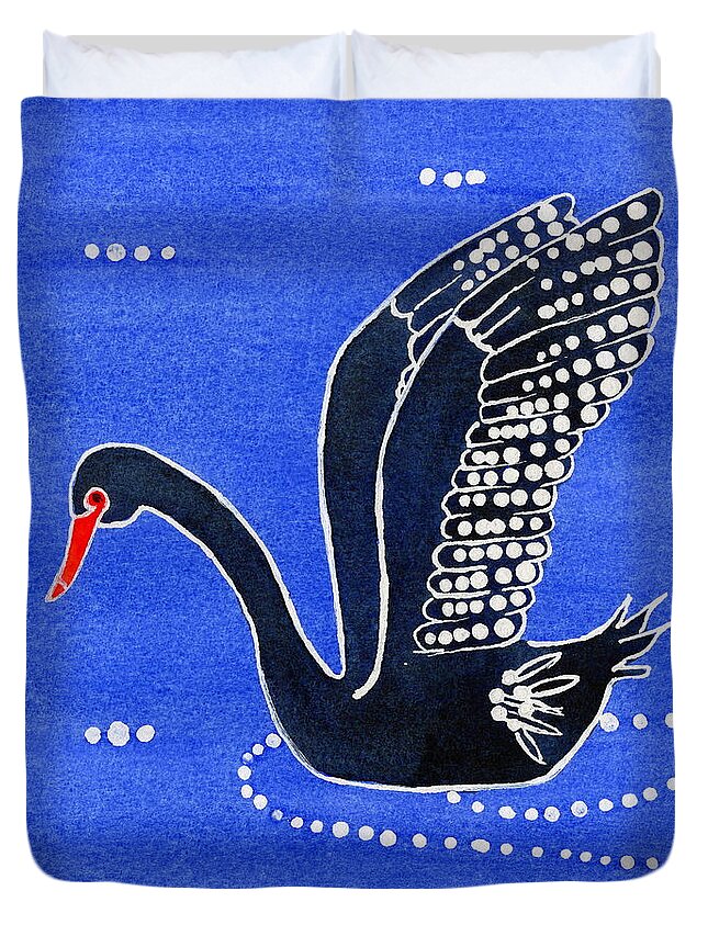 Black Swan Duvet Cover featuring the painting Dhundhu, Wiradjuri Black Swan by Vicki B Littell