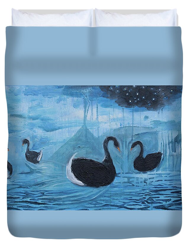 Black Swan Duvet Cover featuring the painting Black Swans around Lake Rotorua by Whitney Palmer