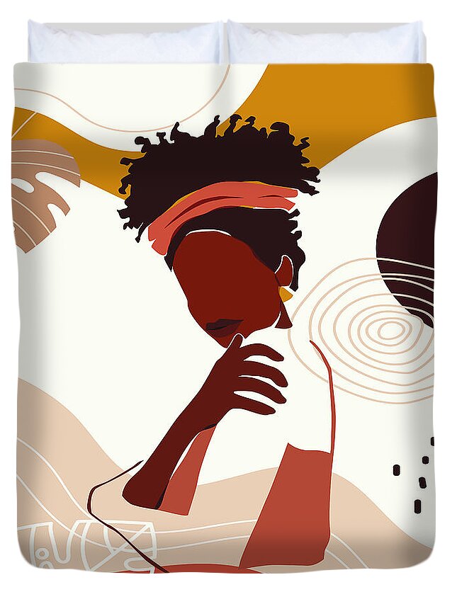 Portrait Print Duvet Cover featuring the drawing Black Woman Illustration Art, Portrait Print, Black Girl Wall Art, African American Woman Art by Mounir Khalfouf