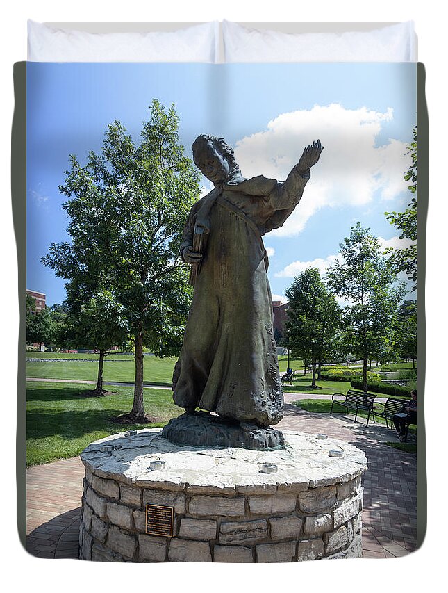 Private College Duvet Cover featuring the photograph Blessed statue at the University of Dayton by Eldon McGraw
