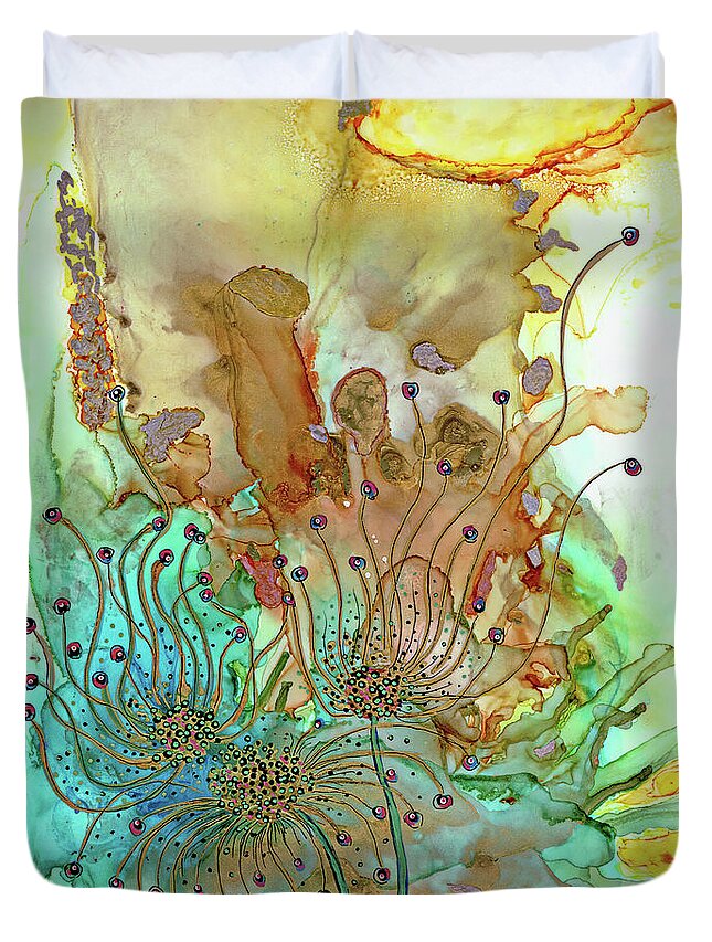 Abstract Floral Painting Duvet Cover featuring the painting Blooming Fantasy by Jolanta Anna Karolska