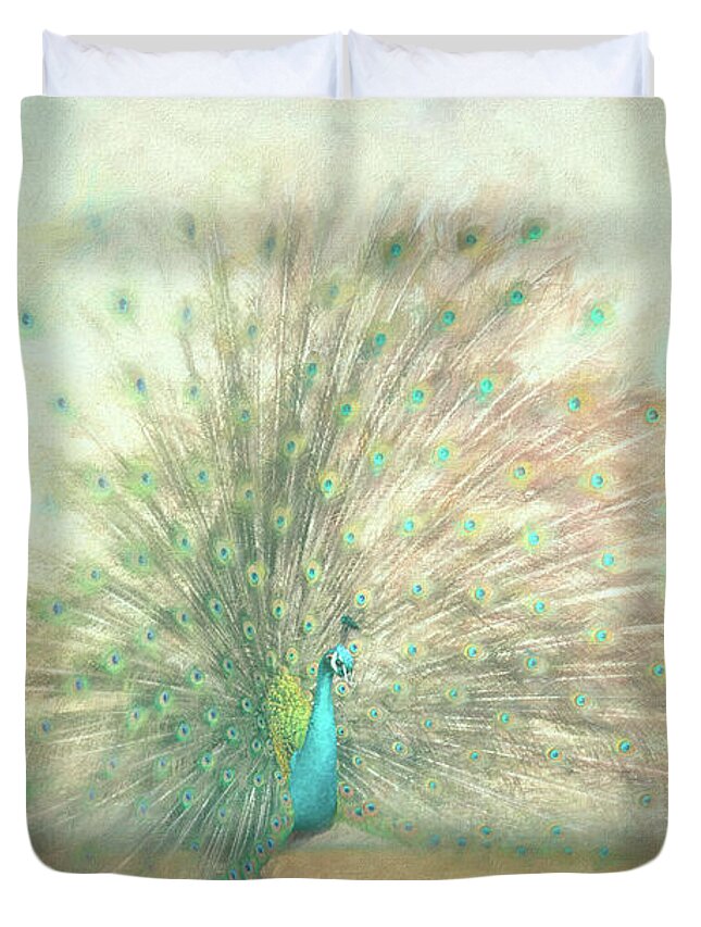 Peacock Duvet Cover featuring the painting Blooming Peacock in Mint Green by Jai Johnson