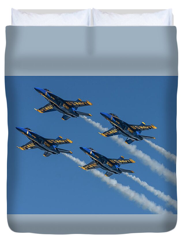 Plane Duvet Cover featuring the photograph Blue Angels Diamond Formation by Joe Paul