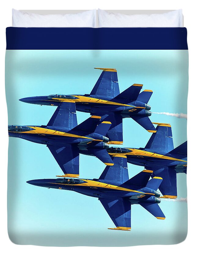 Blue Angels Duvet Cover featuring the photograph Blue Angels Fighter Jets Airshow by Gigi Ebert