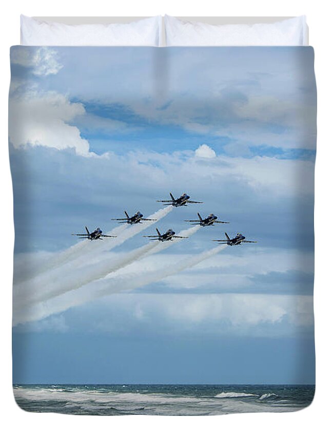 Blue Angels Duvet Cover featuring the photograph Blue Angels over the Gulf of Mexico by Beachtown Views