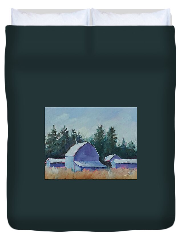 Farm Duvet Cover featuring the painting Blue Barns by Sheila Romard