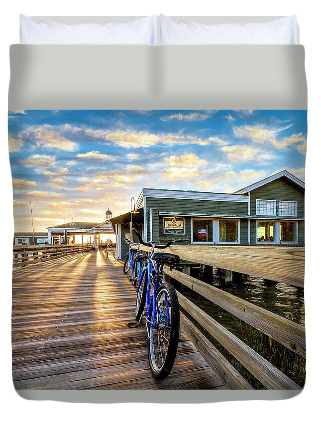 Clouds Duvet Cover featuring the photograph Blue Bicycles on the Jekyll Island Boardwalk Pier by Debra and Dave Vanderlaan